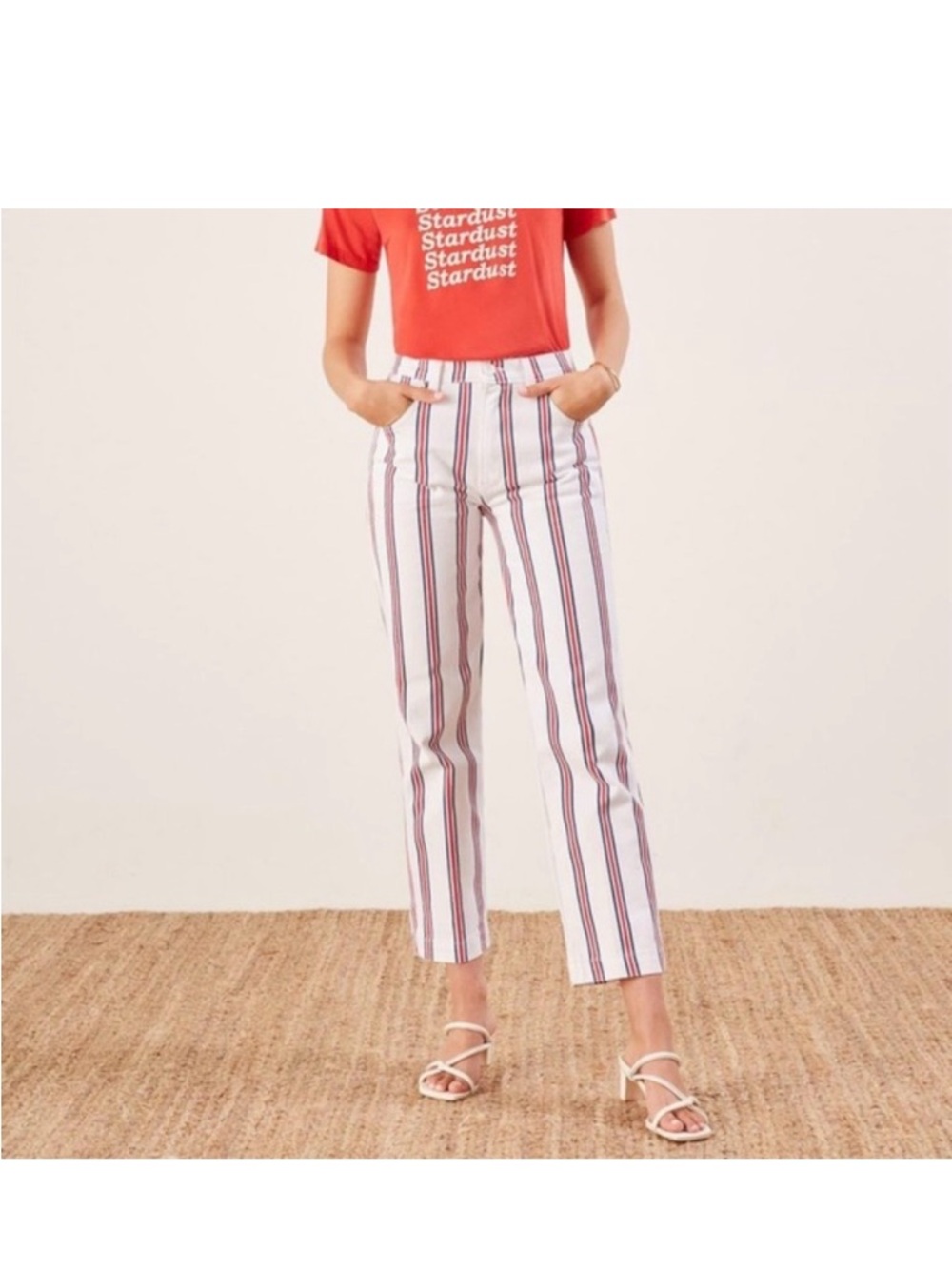Reformation High-Rise Striped Crop Jeans - White with Red & Navy Stripes